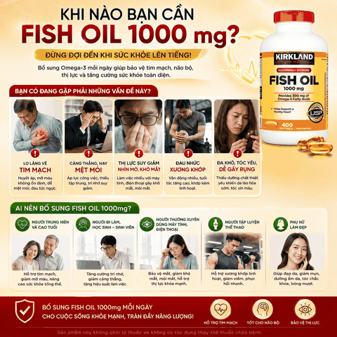 Dầu cá Fish Oil 1000mg Kirkland Signature sáng mắt, tăng thị lực hộp 400 viên