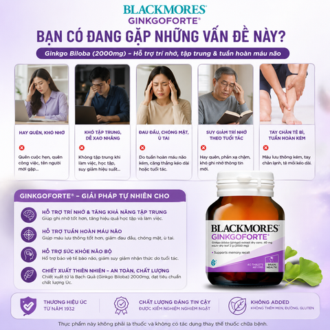 Viên uống bổ não blackmores gingkoforte 40 viên - giảm tình trạng lo lắng căng thẳng và suy giảm trí nhớ