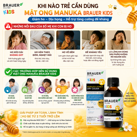 Siro giảm ho khan Brauer Kids Manuka Honey Dry Cough 100ml cho trẻ từ 2 tuổi trở lên