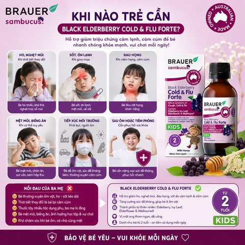 Siro giảm các triệu chứng cảm cúm, cảm lạnh Brauer Black Elederberry cold and flu forte (100ML)