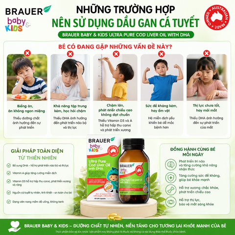 Dầu cá Tuyết bổ sung DHA Brauer Ultra Pure Cod Liver Oil dầu cá cho trẻ từ 1 tuổi dạng 90 viên nang