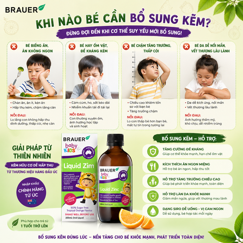 Siro bổ sung kẽm Brauer Baby Kids Liquid Zinc 200mL hỗ trợ trẻ biếng ăn cho trẻ từ 1 tuổi