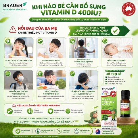Siro bổ sung Vitamin D 400IU từ thực vật hữu cơ Brauer Baby Kids Liquid 10ml dành cho trẻ sơ sinh trở lên