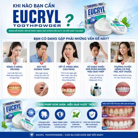 Bột bạc hà tẩy trắng răng Eucryl Tooth powder 50g làm sạch miệng, hơi thở thơm tho và răng trắng sáng hộp 50g