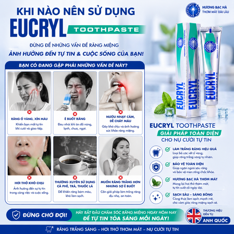 Kem đánh răng bạc hà tẩy trắng tự nhiên Eucryl Toothpaste 62g - nội địa Anh