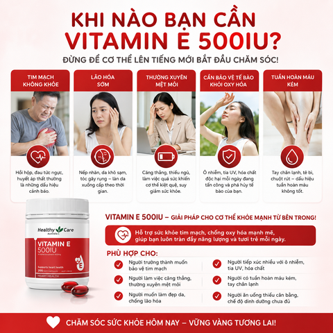 Vitamin E 500IU Healthy Care đẹp da, dưỡng tóc 200 viên