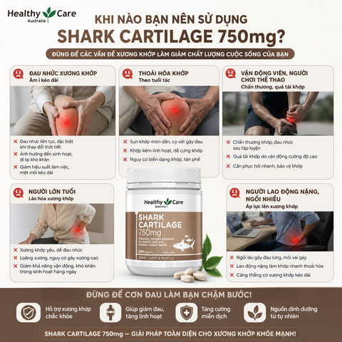 Sụn vi cá Healthy Care shark cartilage 750mg hỗ trợ xương khớp hộp 200 viên