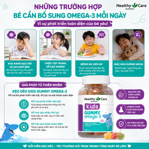 Omega 3 cho bé Healthy Care Kids Gummy Hỗ trợ phát triển trí tuệ toàn diện, tăng cường thị lực, Giúp bé học tập và ghi nhớ tốt hơn (dạng kẹo) 250 viên