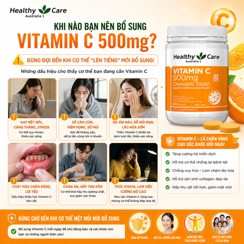 Viên nhai Vitamin C 500mg Chewable Healthy Care hỗ trợ làm đẹp da, tăng đề kháng 500 viên