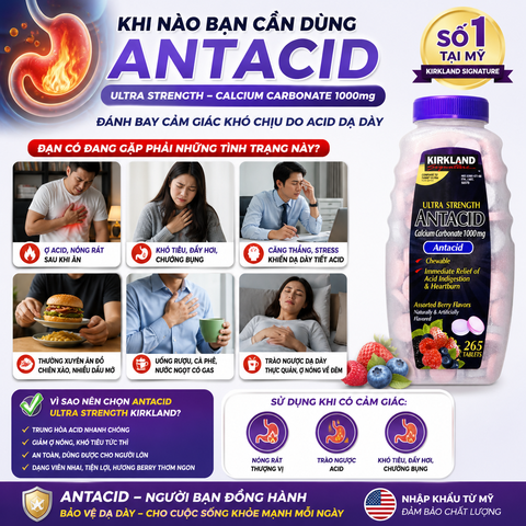 Viên nhai hỗ trợ bao tử ultra strengthe antacid calcium carbonate kirkland signature 1000mg 265 viên