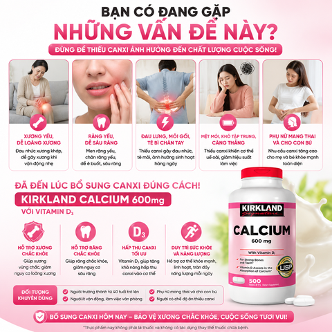 Viên uống chắc khỏe xương Calcium 600mg with Vitamin D3 Kirkland Signature 500 viên - Hàng Mỹ Chính Hãng