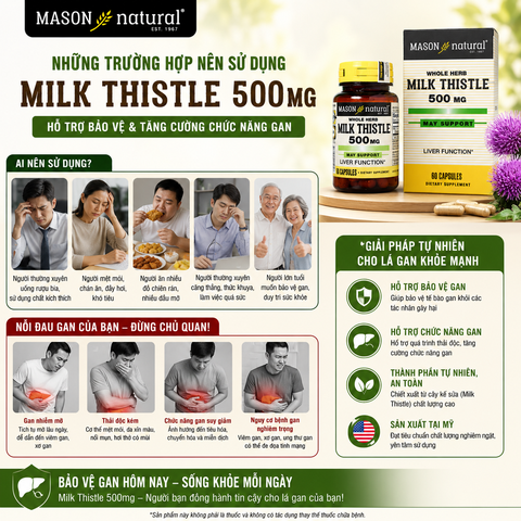 Viên Uống Bổ Gan Mason Natural Milk Thistle 500mg Lọ 60 Viên Hỗ Trợ Giải Độc, Bổ Gan, Cải Thiện Chức Năng Gan