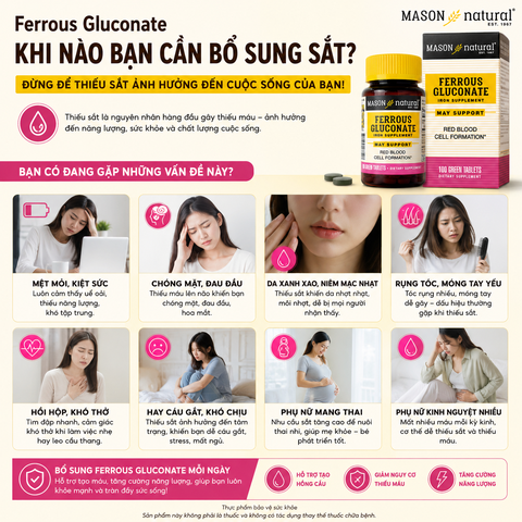 Mason Natural Ferrous Gluconate 100 viên – Sản phẩm bổ sung sắt hữu cơ
