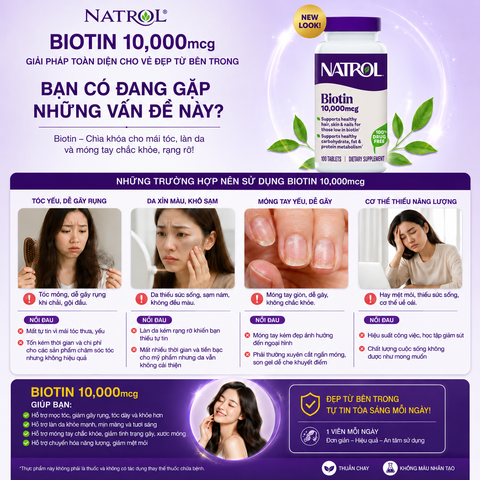 Hỗ trợ mọc tóc và chống rụng tóc natrol biotin beauty maximum strength 10000mcg100 viên