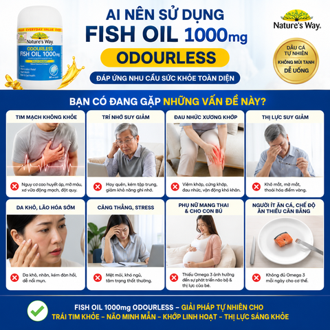 Viên uống dầu cá Nature's Way Odourless fish oil 1000mg - Dầu cá thiên nhiên không mùi (Hộp 80 viên)