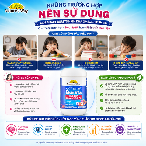Viên nhai dầu cá ba màu Nature's Way kids smart bursts high DHA omega-3 fish Oil trio hỗ trợ tốt cho não bộ và mắt cho bé 60 viên
