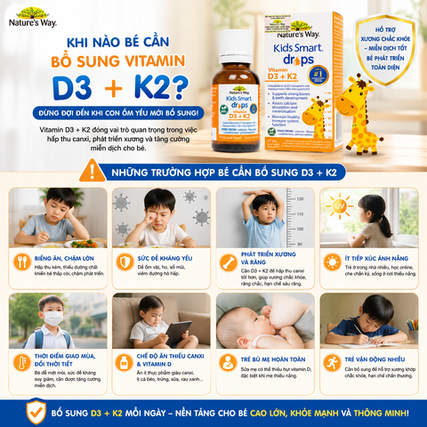 Nature's Way Kids Smart Drops Vitamin D3 + K2 - Vitamin D3K2 Organic 11ml Chuẩn Úc