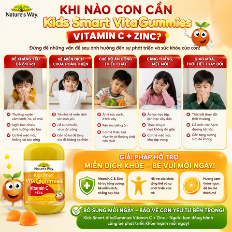 Kẹo Dẻo Nature's Way Kids Smart Vita Gummies Vitamin C+ ZinC – Bổ sung kẽm và vitamin C tăng sức đề kháng cho trẻ