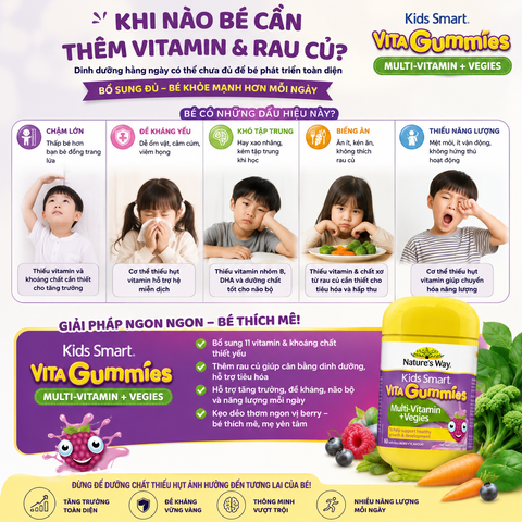 Kẹo dẻo bổ sung vitamin từ rau Nature's Way Vita Gummies Multivitamin+Vegies cho bé 60 viên bổ sung chất xơ cho bé phát triển toàn diện