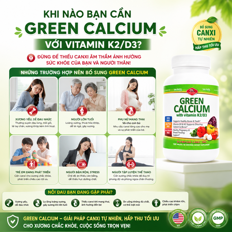 Bổ sung canxi hữu cơ cho cơ thể Olympian Labs Green Calcium with Vitamin K2/D3 hộp 100 viên