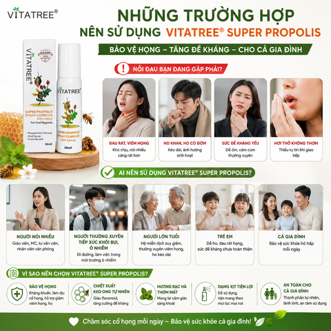 Xịt keo ong Vitatree Super Propolis Spray Complex With Manuka 15+ hỗ trợ giảm ho chai 30ml