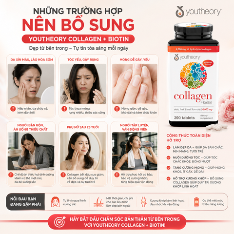 Collagen youtheory type 1 2 & 3 dành cho nữ 390 viên chắc khỏe xương khớp chống lão hóa da móng tóc