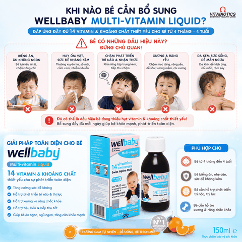 Vitabiotics Wellbaby Multi-Vitamin Liquid Chai 150ml 14 loại vitamin và khoáng chất thiết yếu cho bé 150ml
