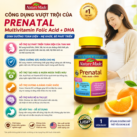 Vitamin tổng hợp cho bà bầu nature Prenatal Multivitamin Folic Acid + DHA Softgels hộp 150 viên nội địa Mỹ