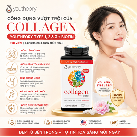 Collagen youtheory type 1 2 & 3 dành cho nữ 390 viên chắc khỏe xương khớp chống lão hóa da móng tóc