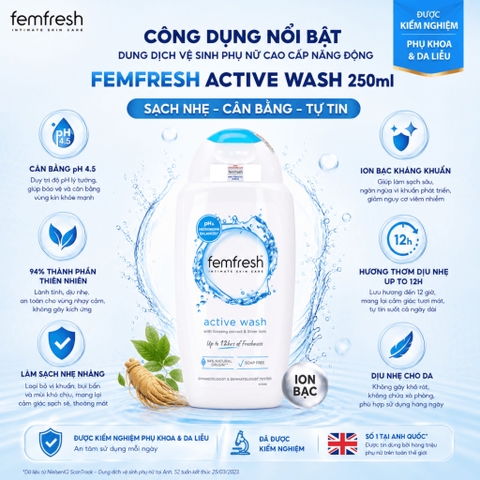 Dung dịch vệ sinh phụ nữ cao cấp năng động Femfresh Active Wash 250ml