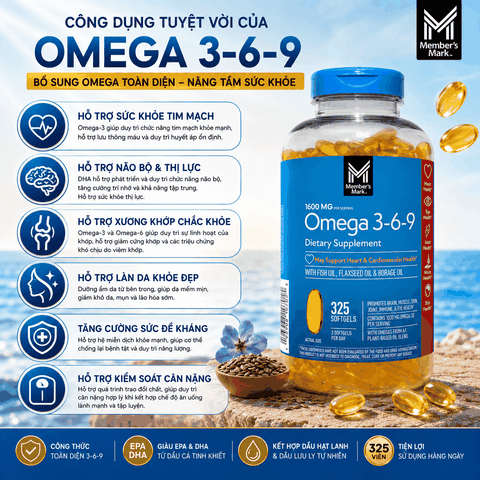 Viên uống bổ sung dầu cá Omega 3 6 9 Member’s Mark Supports Heart Health 325 viên
