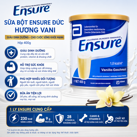 Sữa bột Ensure Đức hương vani giàu dinh dưỡng hộp 400g