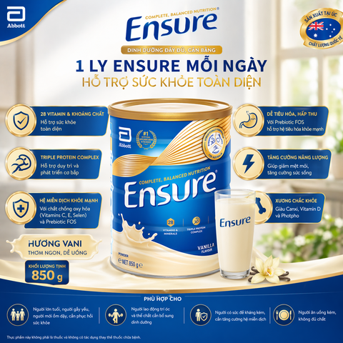 Sữa bột ensure  abbott vanilla 850g nội địa Úc hương vani giàu dinh dưỡng hộp 850g