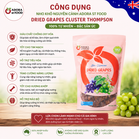 Nho khô nguyên cành Adora st Food Dried Grapes Cluster Thompson 500g đặc sản Úc