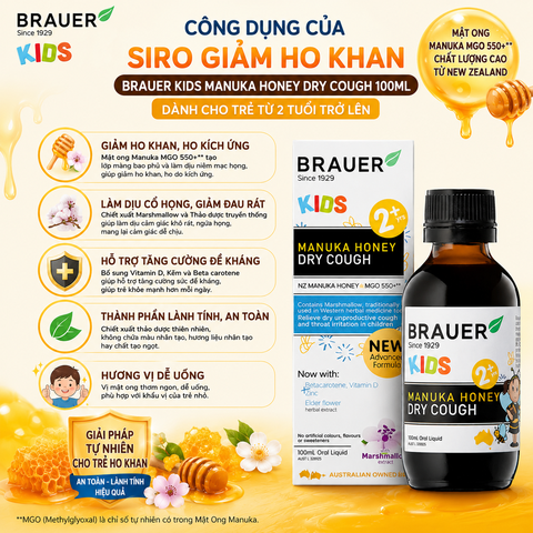 Siro giảm ho khan Brauer Kids Manuka Honey Dry Cough 100ml cho trẻ từ 2 tuổi trở lên