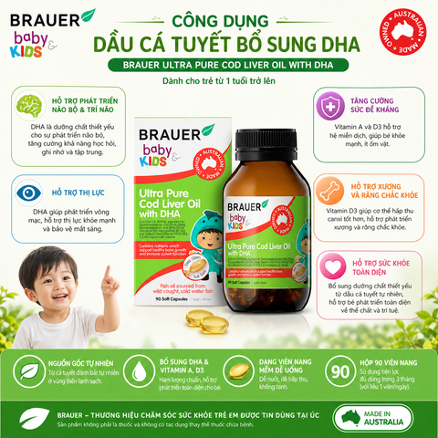Dầu cá Tuyết bổ sung DHA Brauer Ultra Pure Cod Liver Oil dầu cá cho trẻ từ 1 tuổi dạng 90 viên nang