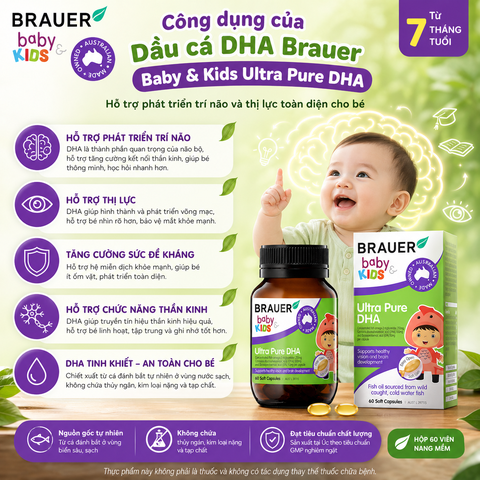 Dầu cá DHA brauer baby kids ultra pure DHA phát triển trí não cho bé từ 7 tháng tuổi hộp 60 viên nang mềm