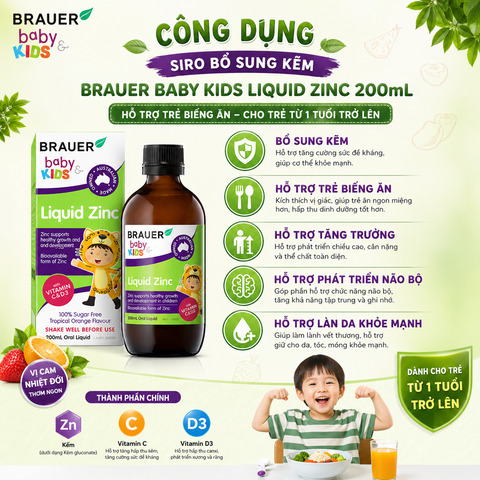 Siro bổ sung kẽm Brauer Baby Kids Liquid Zinc 200mL hỗ trợ trẻ biếng ăn cho trẻ từ 1 tuổi