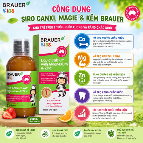 Siro canxi, magie và kẽm brauer cho trẻ trên 1 tuổi giúp xương và răng chắc khỏe chai 200ml