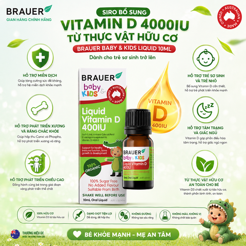 Siro bổ sung Vitamin D 400IU từ thực vật hữu cơ Brauer Baby Kids Liquid 10ml dành cho trẻ sơ sinh trở lên