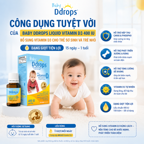 Baby Ddrops Liquid Vitamin D3 400 IU bổ sung vitamin d3 cho trẻ sơ sinh và trẻ nhỏ dạng giọt 15 ngày -t1 tuổi