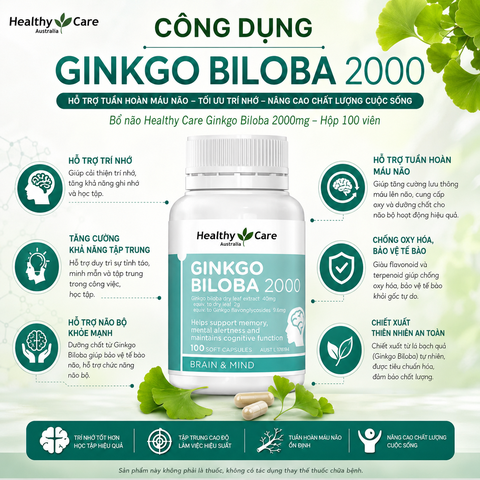 Bổ não ginkgo bibola 2000mg Healthy Care hỗ trợ tuần hoàn máu não hộp 100 viên