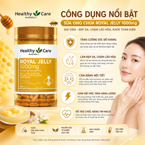 Sữa ong chúa Heathy Care Royal Jelly đẹp da, chậm lão hóa 365 viên