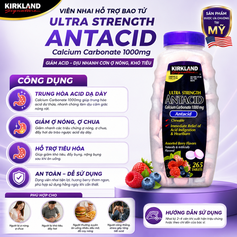 Viên nhai hỗ trợ bao tử ultra strengthe antacid calcium carbonate kirkland signature 1000mg 265 viên