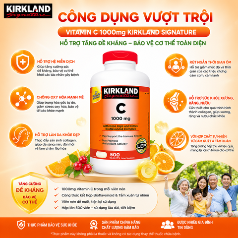 Vitamin C 1000mg Kirkland Signature hỗ trợ tăng đề kháng hộp 500 viên