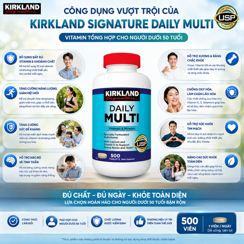 Thực phẩm bảo vệ sức khỏe Kirkland Signature Daily Multi 500 viên vitamin tổng hợp dưới 50 tuổi hộp 500 viên