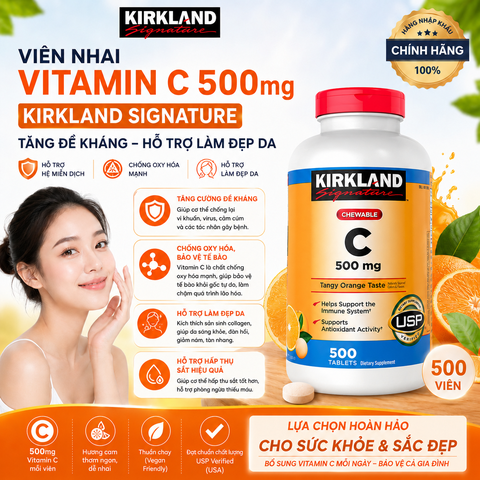 Viên nhai Vitamin C Kirkland Signature 500mg hỗ trợ làm đẹp da, tăng đề kháng 500 viên