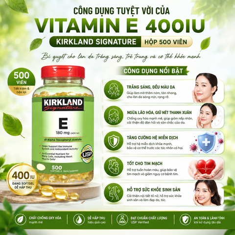 Viên uống vitamin E 400IU Kirkland Signature trắng sáng da, ngừa lão hóa hộp 500 viên