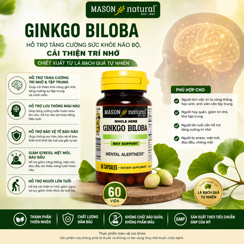 Mason Natural Ginkgo Biloba – Hỗ trợ tăng cường sức khỏe não bộ, cải thiện trí nhớ 60 viên