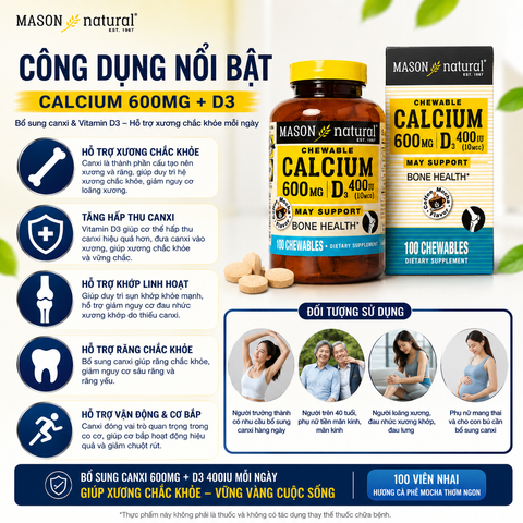 Mason Natural Calcium 600mg + D3 - Bổ sung canxi cho cơ thể 100 viên